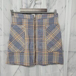 Plaid Zip-Front Mini Skirt in Blue and Tan